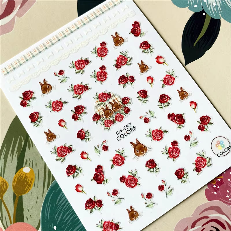 Red Rose Flower of Love Series 3D Back Glue Nail Decal Nail Sticker Nail Decoration Nail Art Nail Tool Nail Ornament
