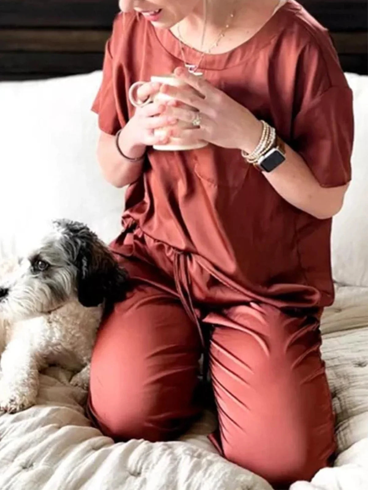 Womens Silk Satin Pajama Set Short Sleeve Shirt with Long Pajama Pant Set Two-Piece Pj Sets Soft Sleepwear Loungewear Nightwear Pjs S-2XL, Wine Red, XL