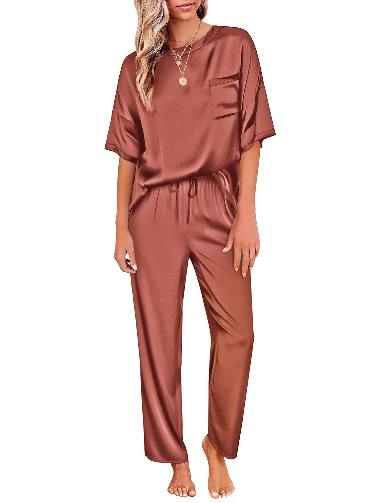 Womens Silk Satin Pajama Set Short Sleeve Shirt with Long Pajama Pant Set Two-Piece Pj Sets Soft Sleepwear Loungewear Nightwear Pjs S-2XL, Wine Red, XL